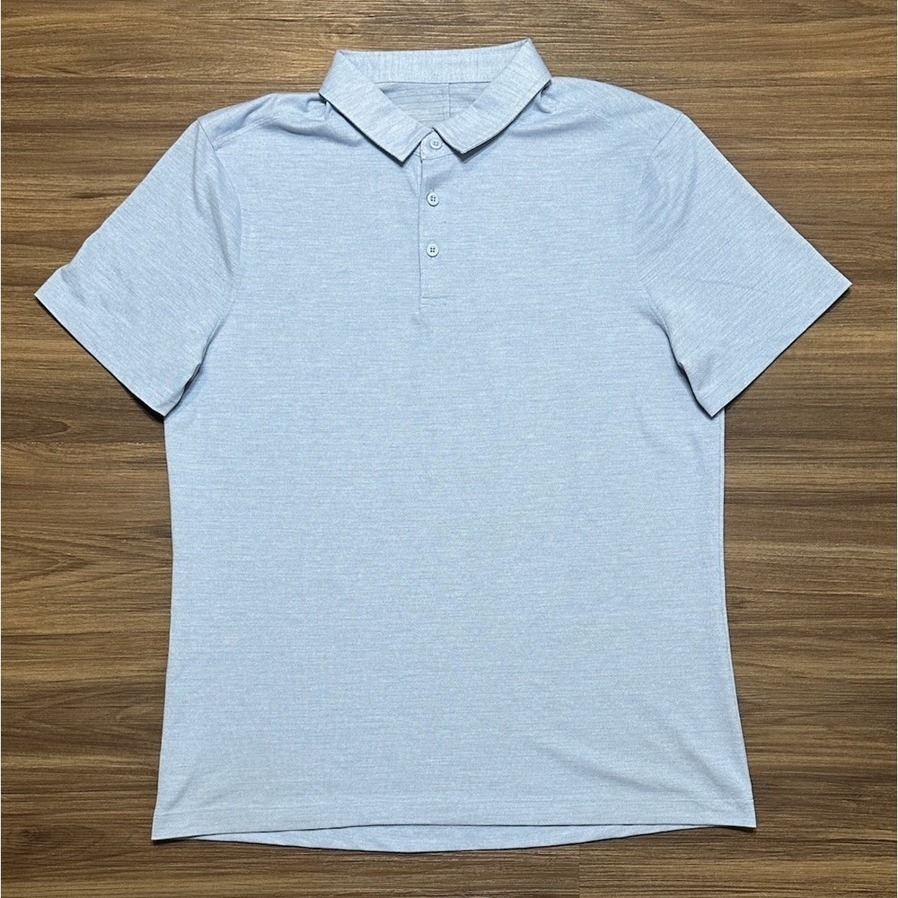 Lululemon Evolution Polo Shirt Mens Light Blue Striped Stretch Performance Sz L - Picture 2 of 7